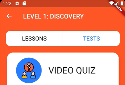 An image of a phone app that contains different quizes and tests. The title says Level 1 Discovery