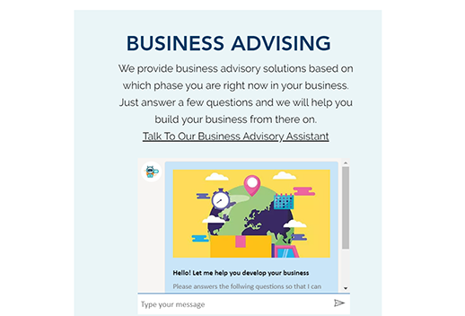 The title says 'Business Advising'. Underneath is a description that prompts you to 'Talk To Our Business Advisory Assistant'
