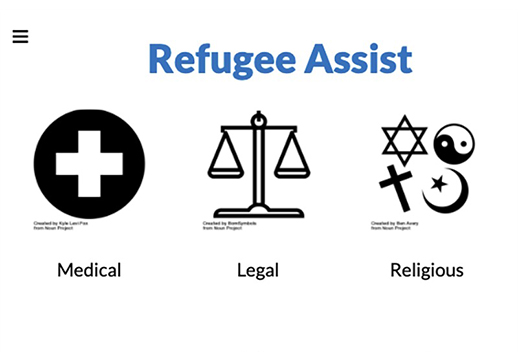 Screenshot with a title that says Refugee Assist. There are icons below that say 'Medical', 'Legal', 'Religious', etc.