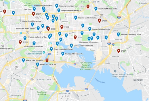 Map of Baltimore with blue and red map pin icons