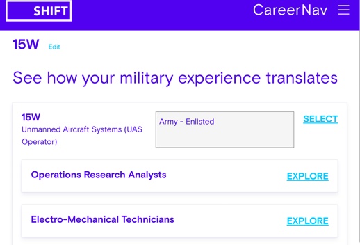 Screenshot of Career Nav application with a header that reads 'See how your military experience translates' with two job opportunities listed below