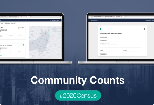 Two open laptops with a web application open, with Community Counts, 2020Census written below