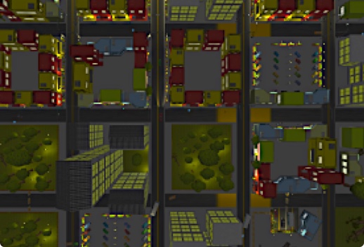 Screenshot of a computer game displaying an overhead view of city blocks