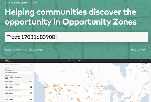 Screenshot of Inclusive Growth Score app with a header that reads Helping communities discover the opportunity in Opportunity Zones