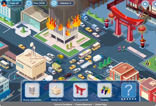 Screenshot of a computer game birdseye view of several city blocks with buildings, a taller building that is on fire, a Chinatown sign, trucks, buses, and taxis, and people.
