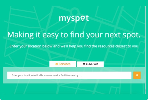 Screenshot of MySpot website with a search field with two tabs, one labeled Services and one labeled Public Wifi. The leading text in the search field says Enter your location to find homeless service facilities nearby.