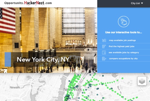 Screenshot of Opportunity dot hackernest dot com with New York City map and overlaid photo of Grand Central Station