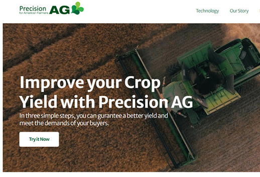 This is an intro page for the app, with the title 'Improve Your Crop Yield with Precision AG'