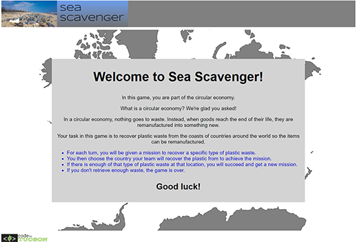 This page says 'Welcome to Sea Scavenger'. The introduction screen to the game explains what a circular economy is, the rules of the game, and what tasks need to be completed.