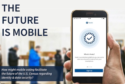 Hand holding up a mobile phone app reading 'How might mobile voting facilitate the future of the U.S. Census regarding identity and data security?'