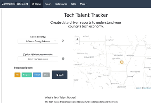 This is a moving image of the Talent Tech Tracker app. You can filter by county to see the tech economic report of different areas.