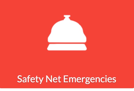 Bright red background with white bell icon, with text underneath that reads Safety Net Emergencies