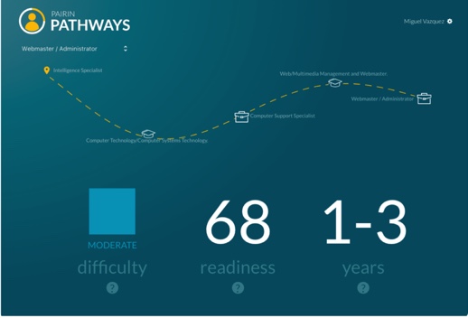 Screenshot of Pairin Pathways webmaster dashboard. Across the top is a dashed yellow line with a series of icons, and statistics are listed below.