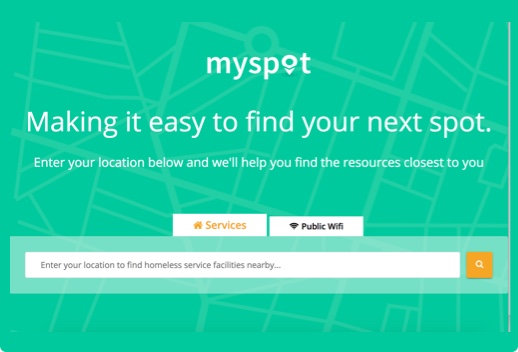 Screenshot of MySpot website with a search field with two tabs, one labeled Services and one labeled Public Wifi. The leading text in the search field says Enter your location to find homeless service facilities nearby.
