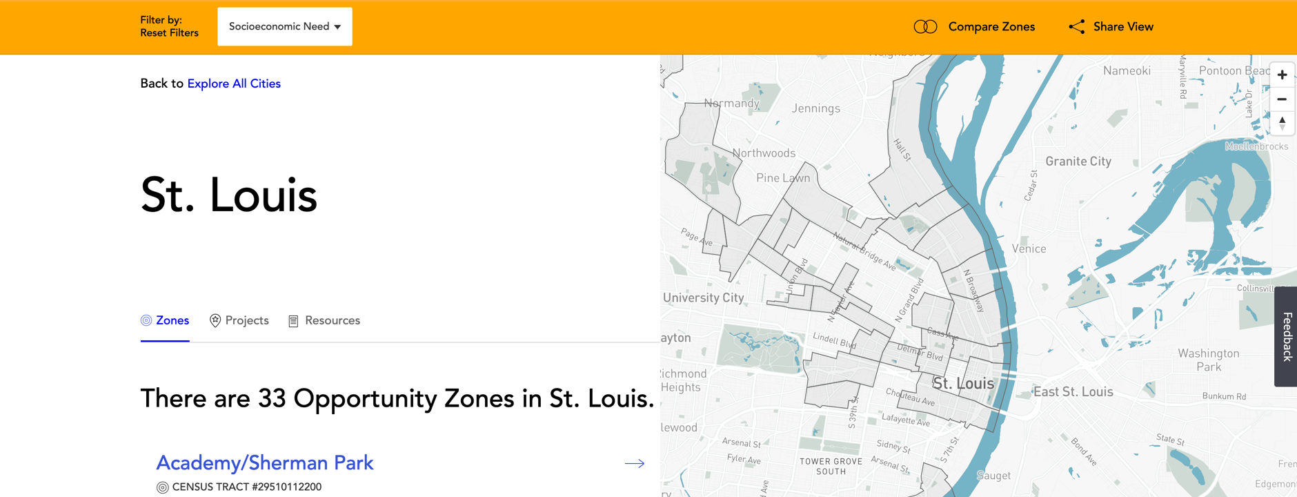 Screenshot of the City Builder website, showing a map of St. Louis with information that there are 33 opportunity zones in St. Louis