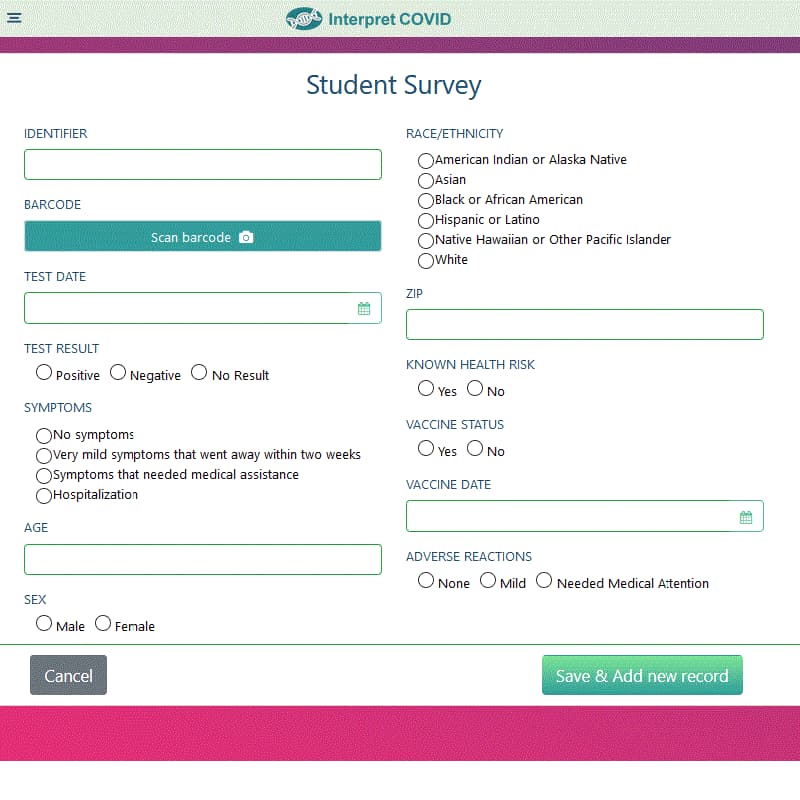 Screenshot of a student survey checking for COVID symptons