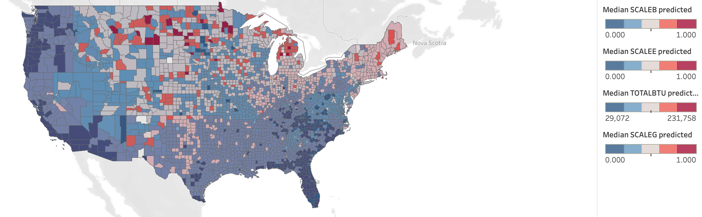 A map of the contiguous United States divided by county including media SCALEB predictions.