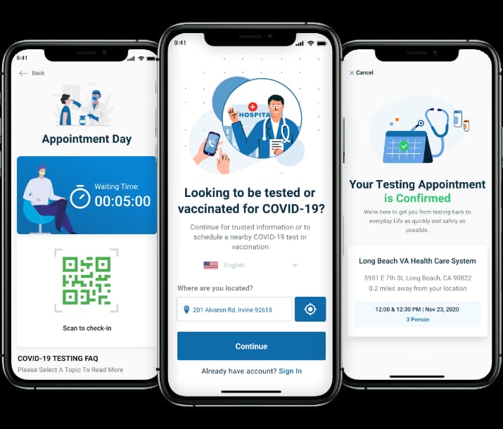 Three iPhone screen mockups. One showing a wait-time countdown, one with a screen labeled 'Looking to be tested or vaccinated for COVID-19?' and one labeled 'Your Testing Appointment is Confirmed'