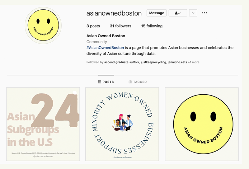 Instagram page called Asian Owned Boston, including posts about statistics and featured businesses 