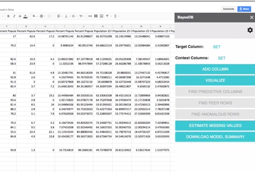Screenshot of a spreadsheet filled with numbers and a side panel labeled BayesDB that includes options to filter and interact with the data.