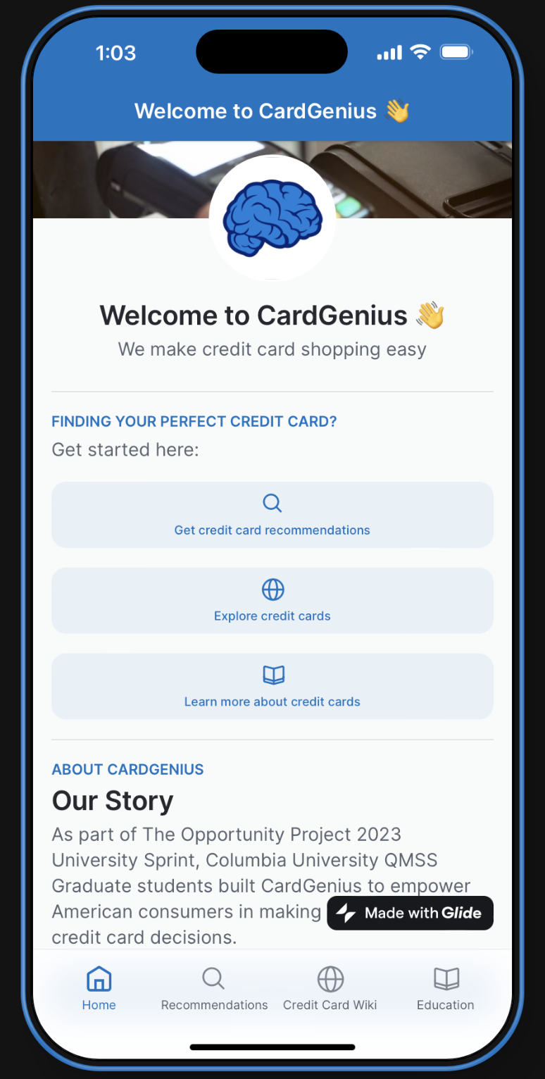 A prototype of the mobile interface of the CardGenius app.
