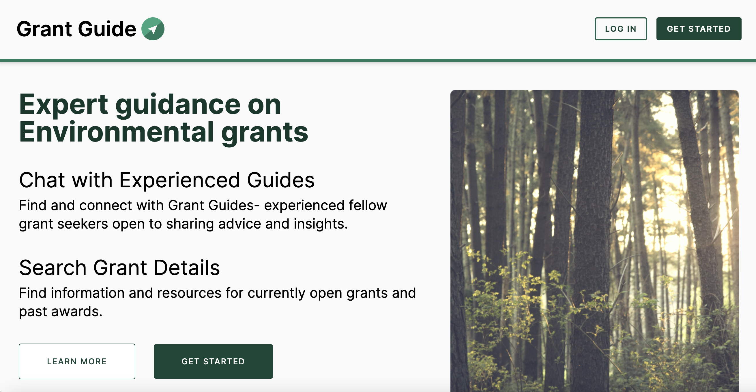 A screenshot of the Grant Guide homepage that reads 