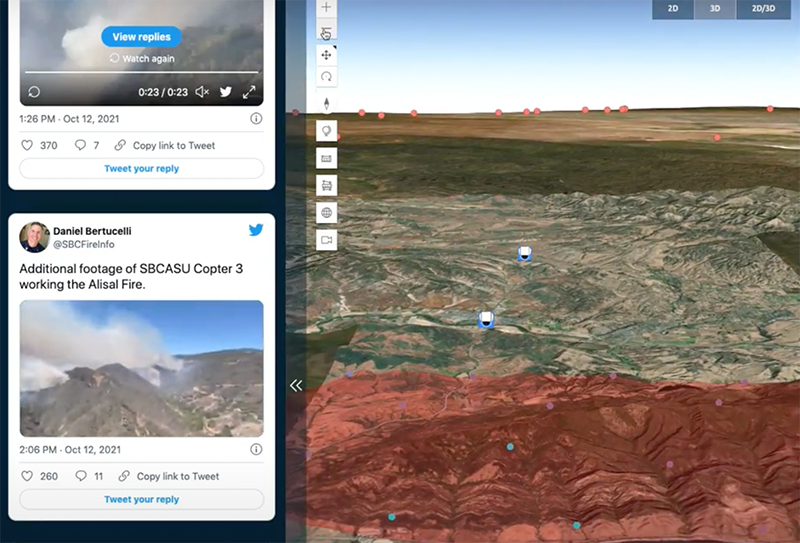 3D Map that shows environmental risk areas and social media posts related to the disaster