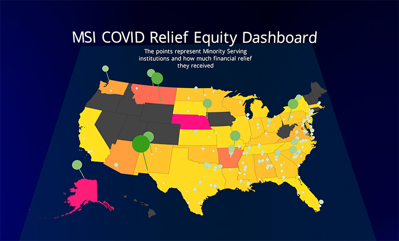 Map of USA that shows the amount of financial relief received by minority serving institutions