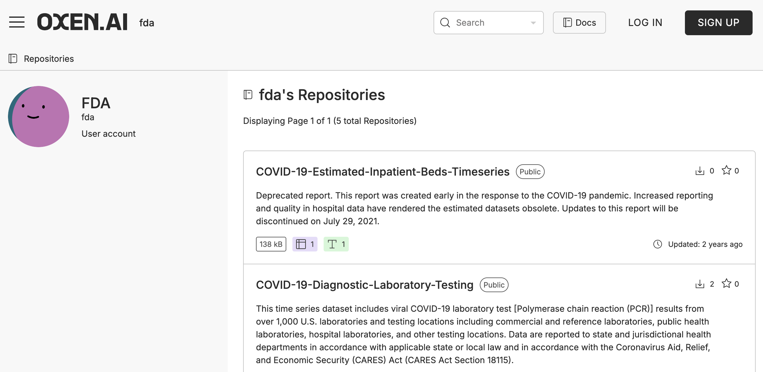 A screenshot of the dashboard displaying repositories using federal data.