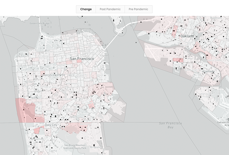 Image of tool with map of San Francisco that labels areas of change, pre pandemic and post pandemic