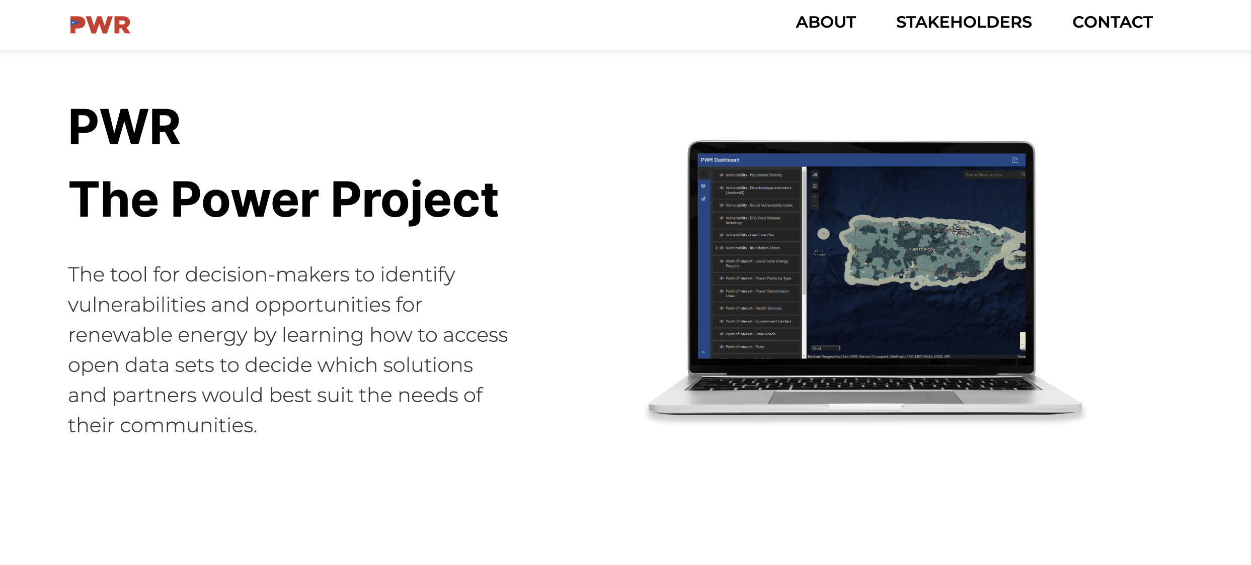 A screenshot of The Power Project homepage including a laptop displaying a map of Puerto Rico