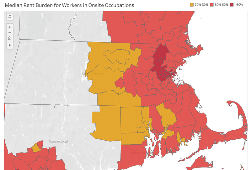 Map of the Northeast and the median rent burden for workers in onsite occupations