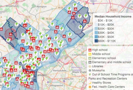 Map showing neighborhoods colored by median income and icons of public resources like schools, libraries, and museums