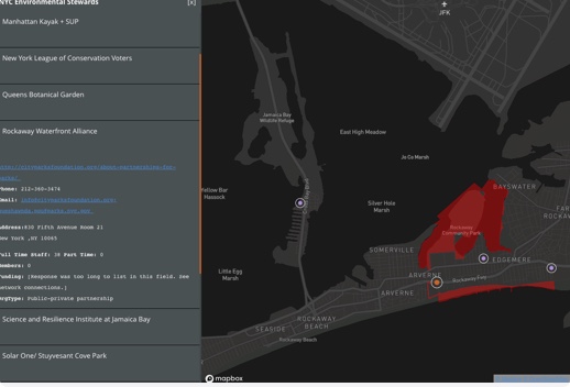 Dark gray map of Rockaway Beach and surrounding towns with some regions highlighted in red