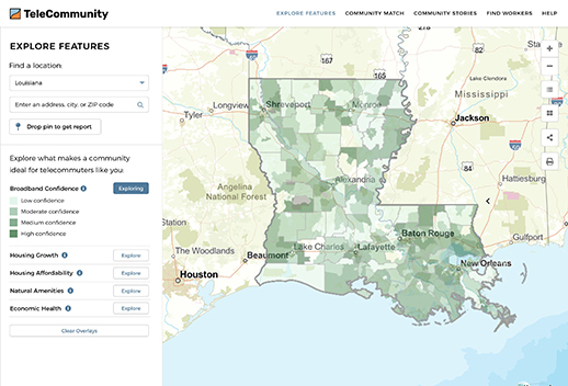 The TeleCommuniy app displays a map of Louisiana. On the left you can explore features such as Broadband Confidence, Housing Growth, Natural Amenities, etc.