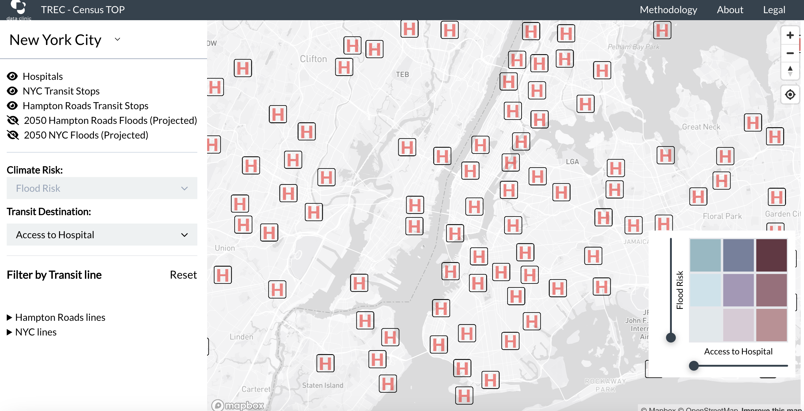 An interactive map of New York City showing hospital and transit stop locations.