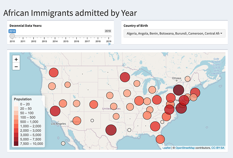 Map of USA displays numbers of African Immigrants admitted by year. 