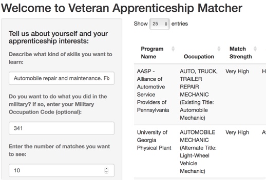 Screenshot of Veteran Apprenticeship Matcher, where users input their interests and skills they want to learn