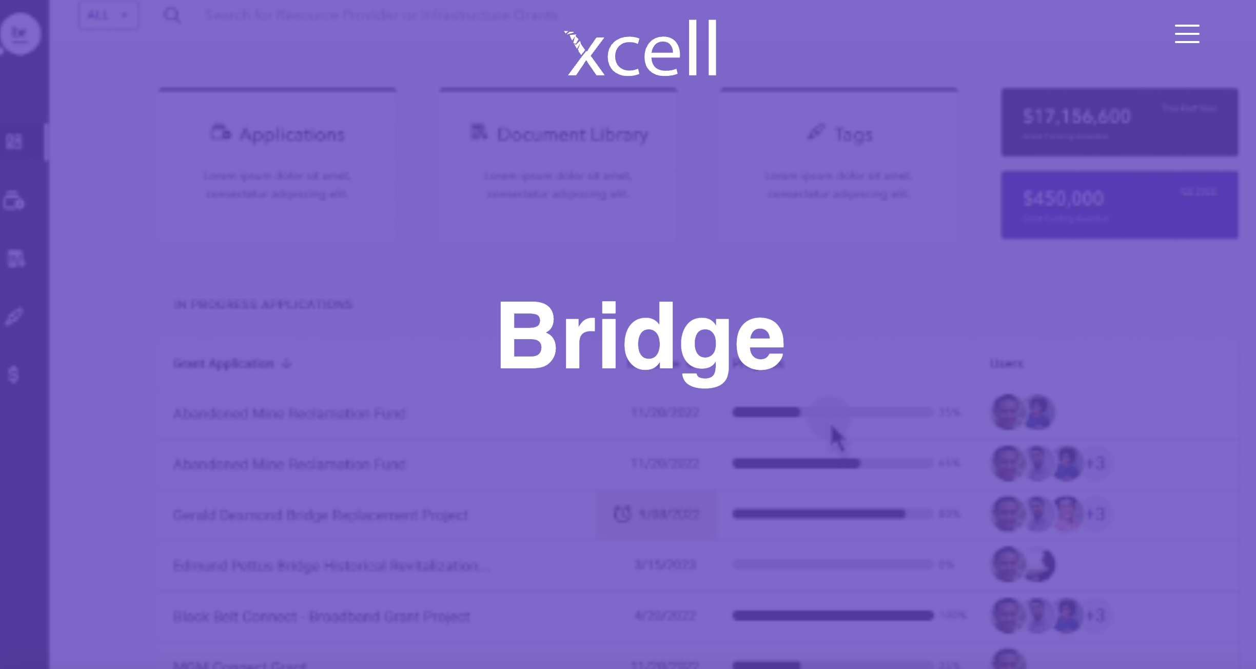 Screenshot showing the xcell bridge homepage including a purple overlay ontop of an evolving demo of the product